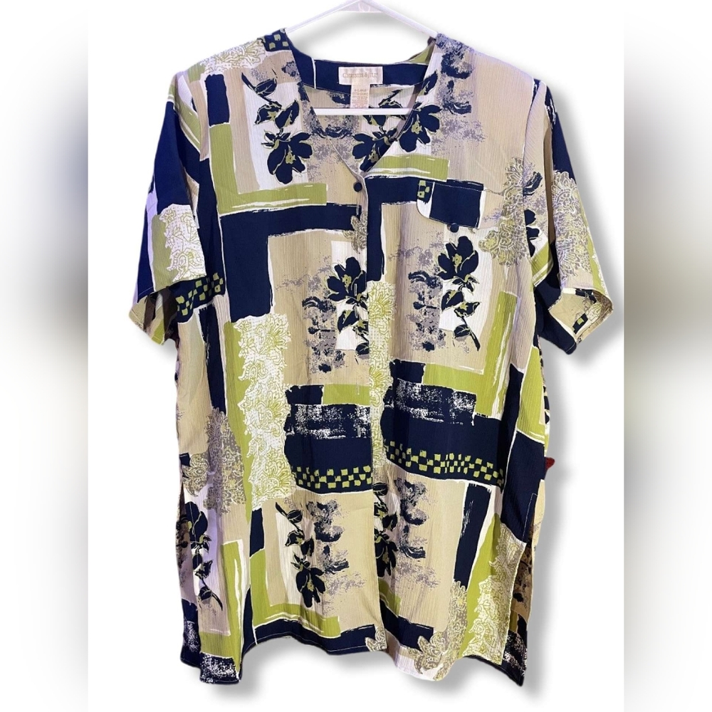 Christie&Jill Short-Sleeve Printed Fabric Covered-Buttons Tunic Blouse, Size XL